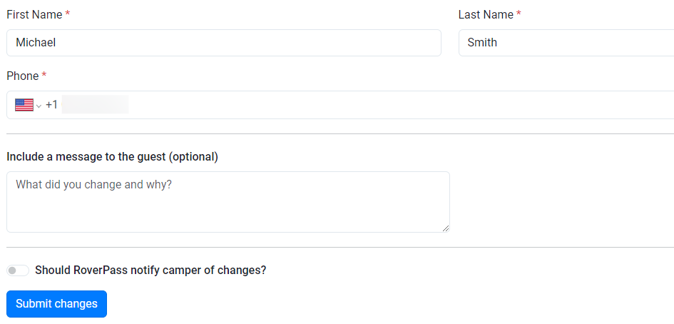 Form to update camper contact info and submit changes.