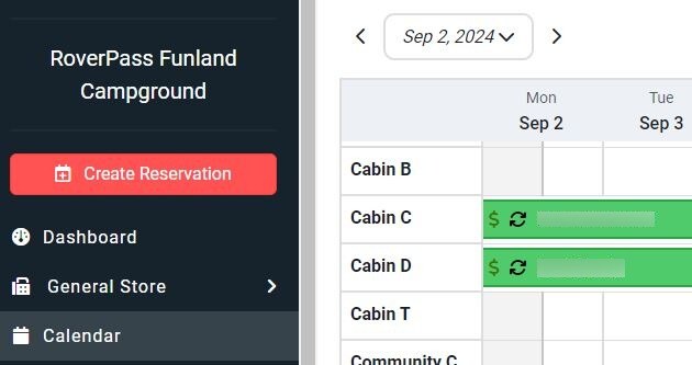 RoverPass calendar view with active reservations of Cabins 
