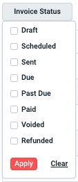 Invoice status filter menu with options like Draft, Paid, and Refunded.