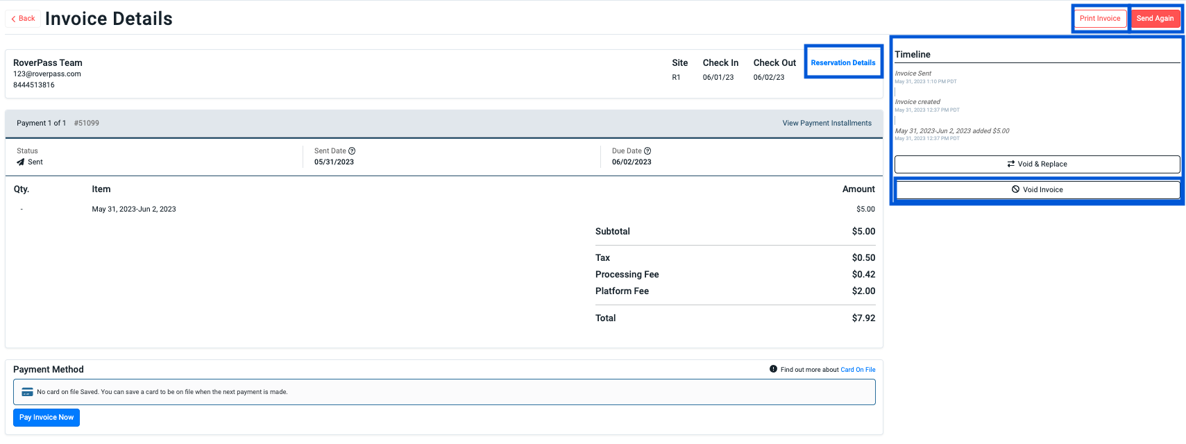 Invoice details view with timeline, reservation info, and payment summary.