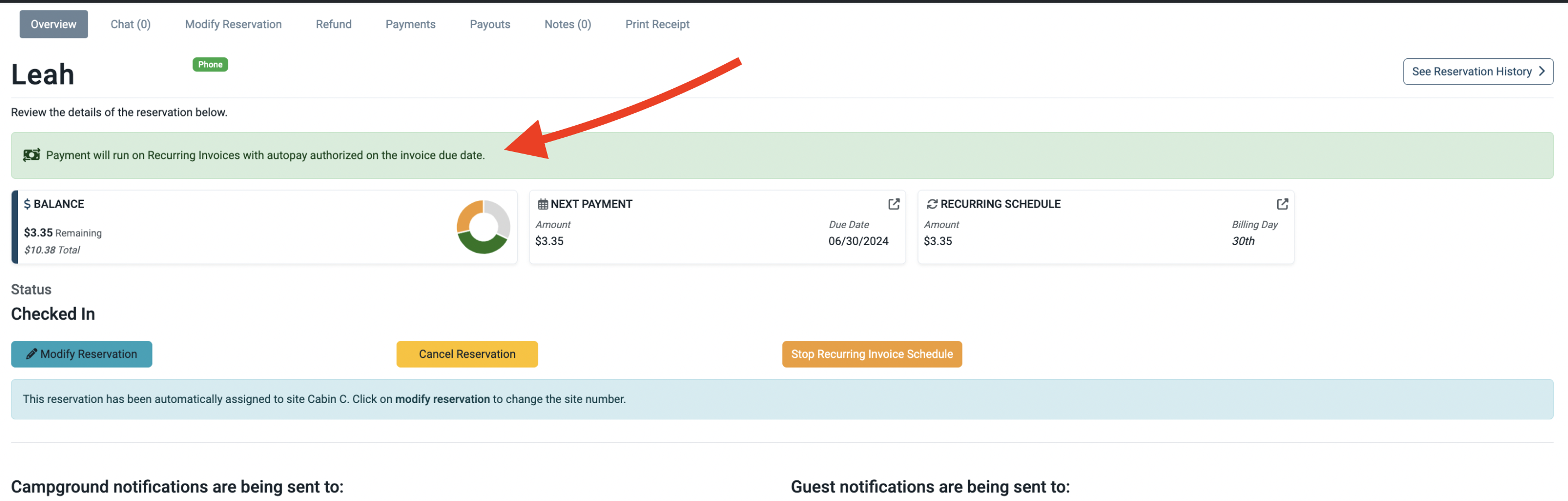 Reservation overview shows autopay is enabled for recurring invoice