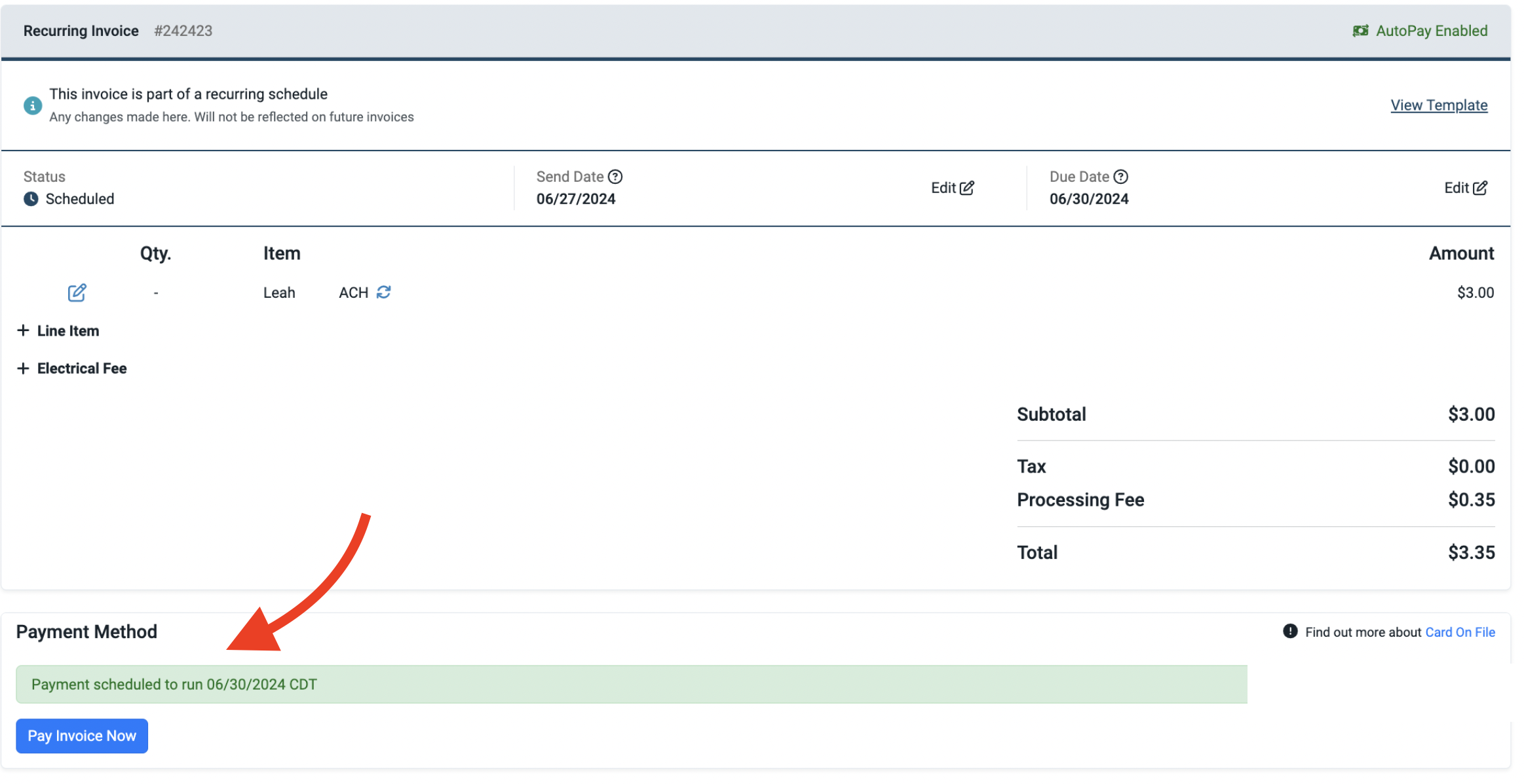 Recurring invoice with AutoPay enabled