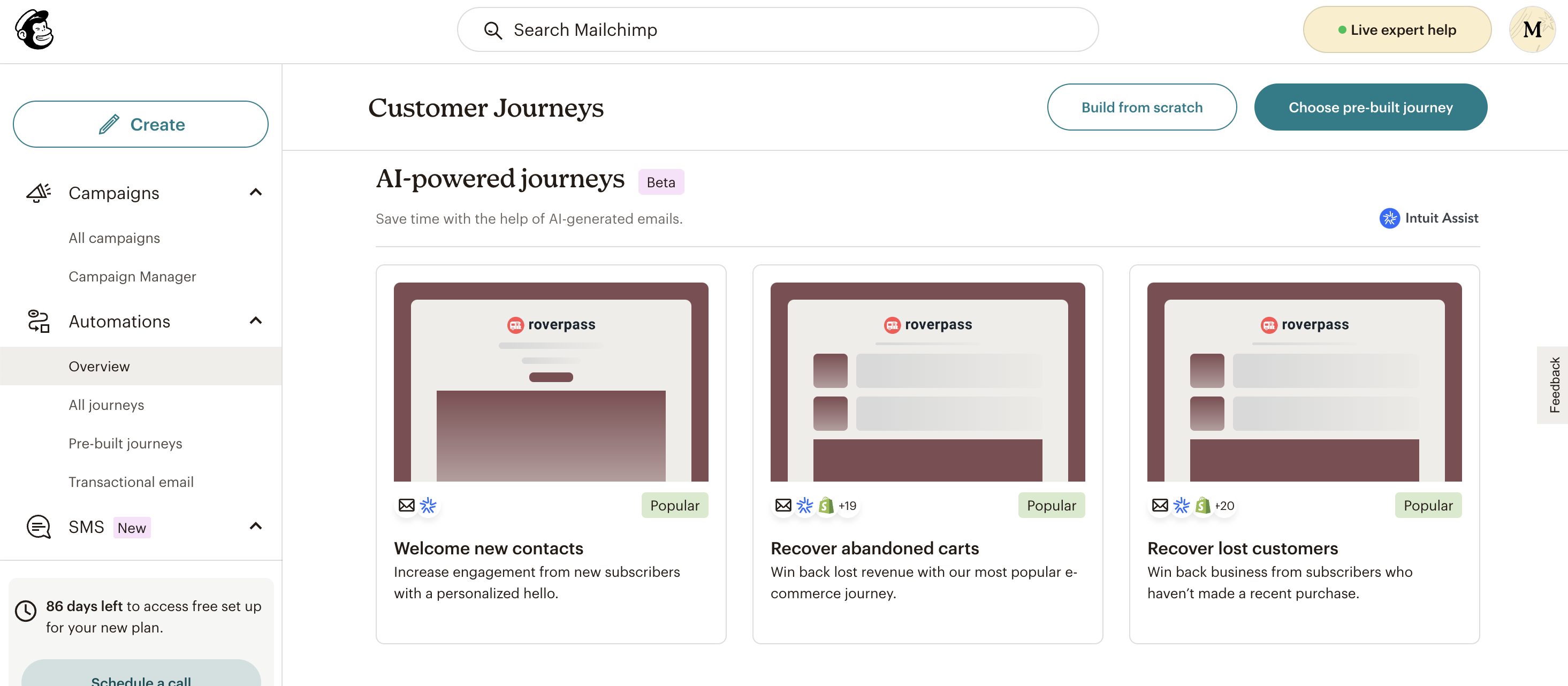 Mailchimp dashboard showing AI-powered customer journeys