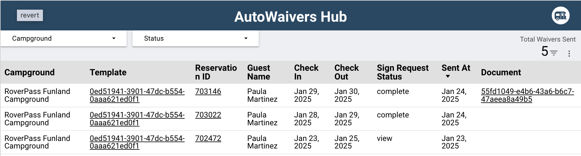 AutoWaivers Hub dashboard showing waiver status and guest details for RoverPass Funland Campground.