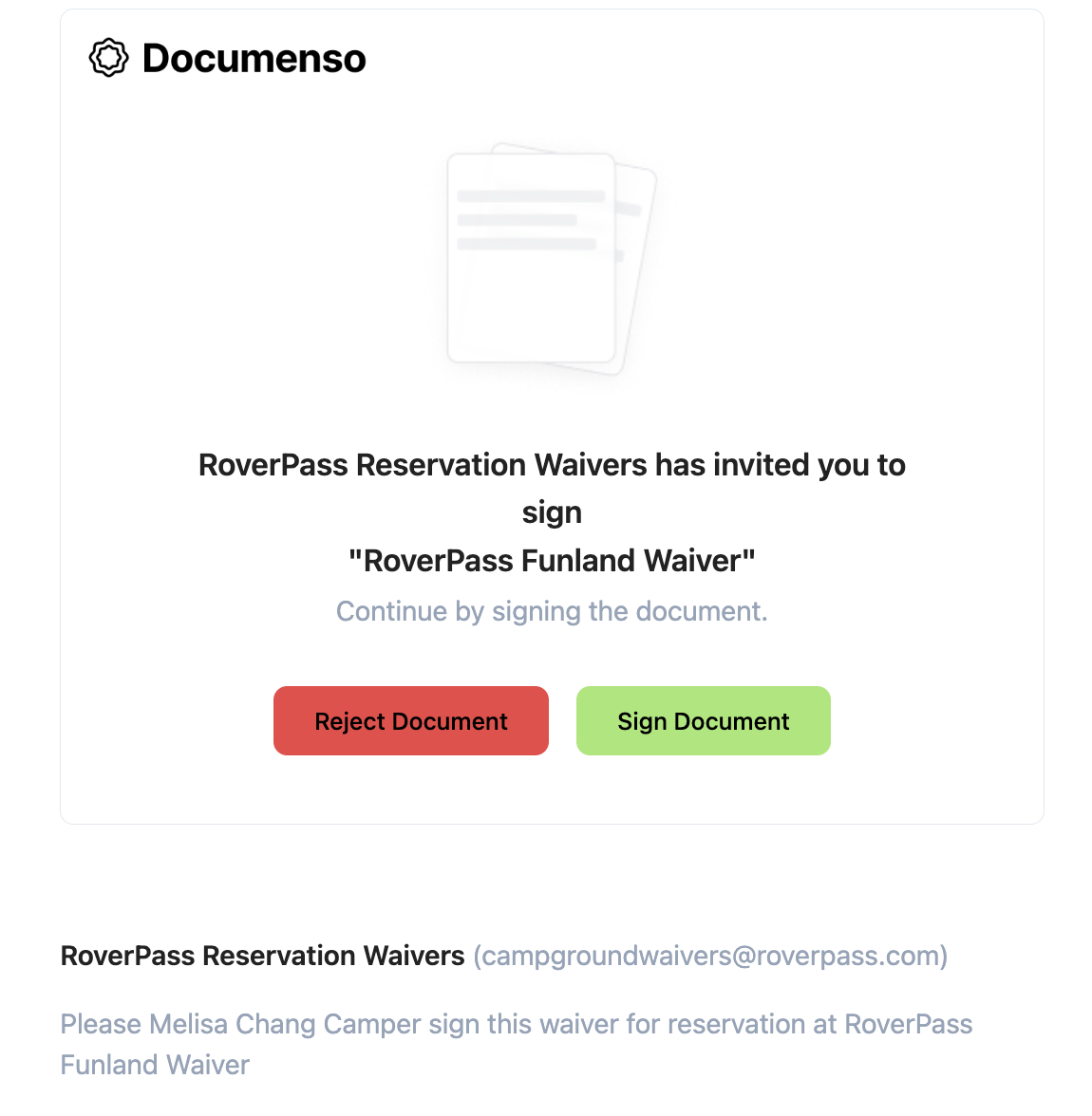 Waiver signing request screen showing the option to enable and sign the RoverPass Funland Waiver.