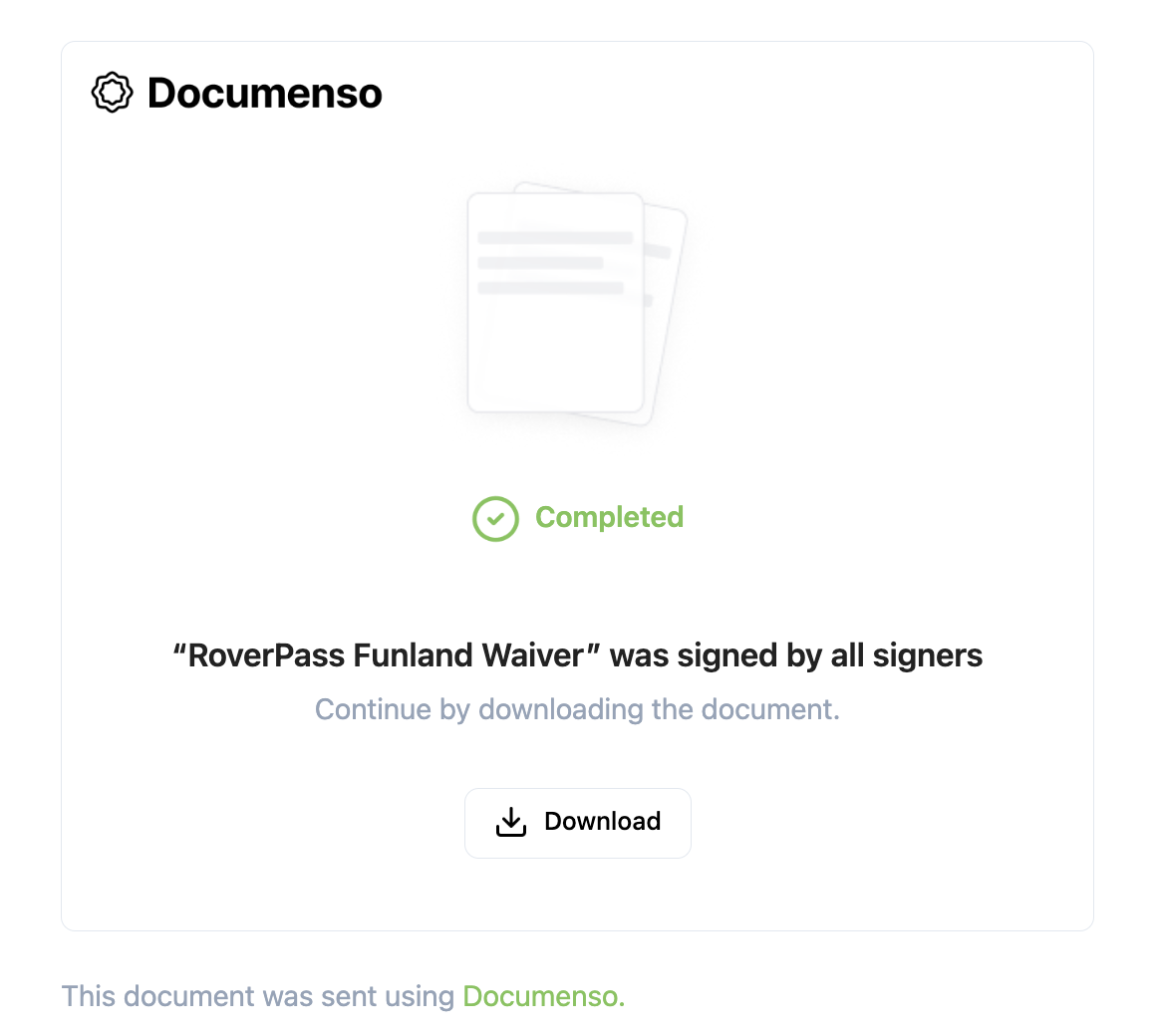 Confirmation screen showing the RoverPass Funland Waiver was signed by all parties