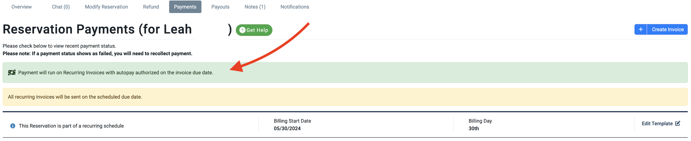Autopay is enabled recurring reservation with payments scheduled on the due date.