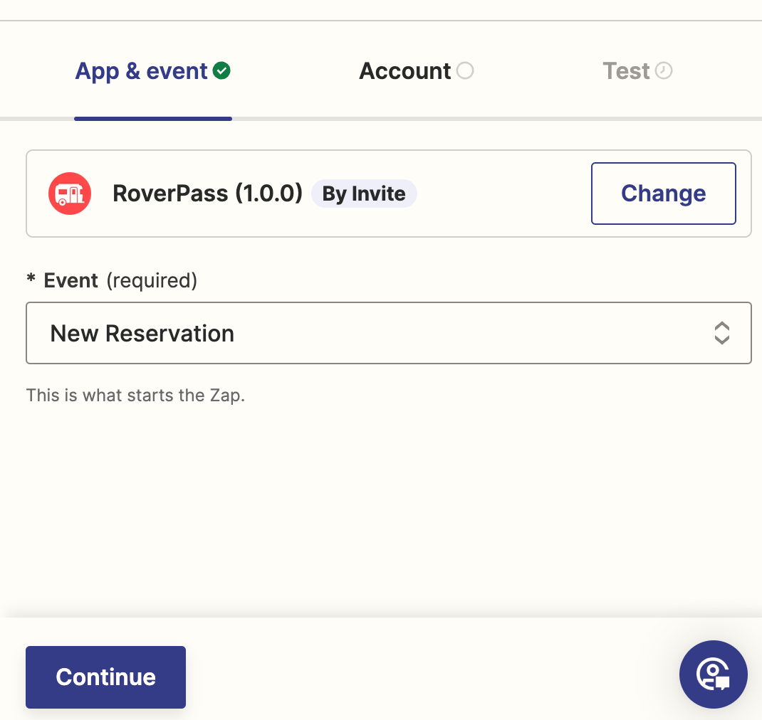 Zapier app event setup screen with RoverPass (1.0.0) selected and 'New Reservation' chosen as the trigger event.