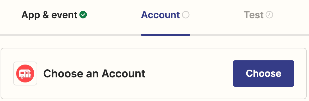 Zapier integration screen prompting user to choose a RoverPass account for the workflow