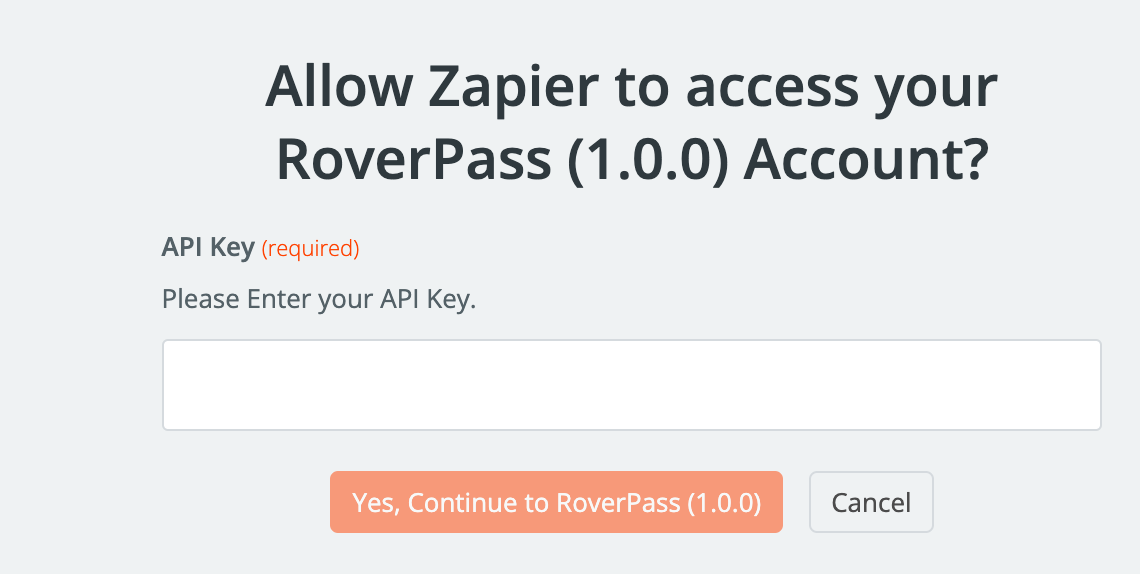 Zapier screen prompting user to enter their RoverPass API key to connect account.