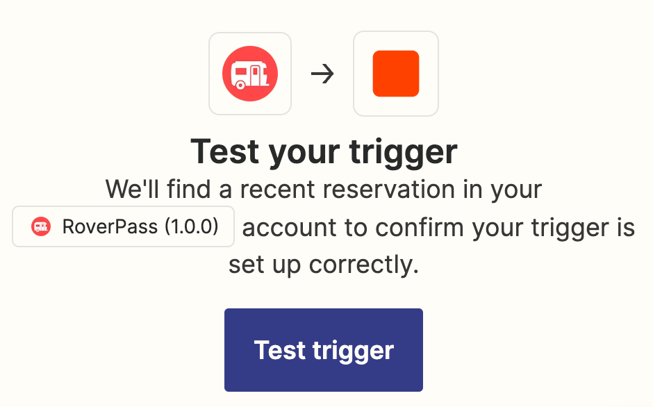 Zapier screen showing connected RoverPass (1.0.0) account and option to continue.