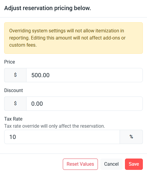 Adjusting reservation price in the RoverPass CRS dashboard