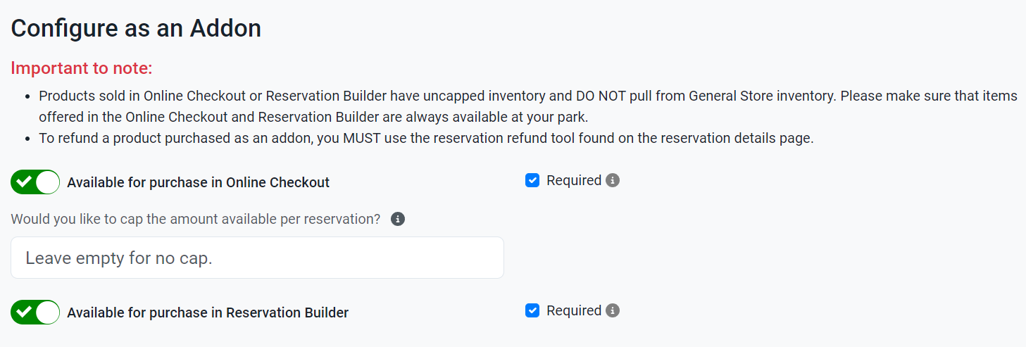 Add-on setup with options for online checkout, reservation builder, and purchase limits.
