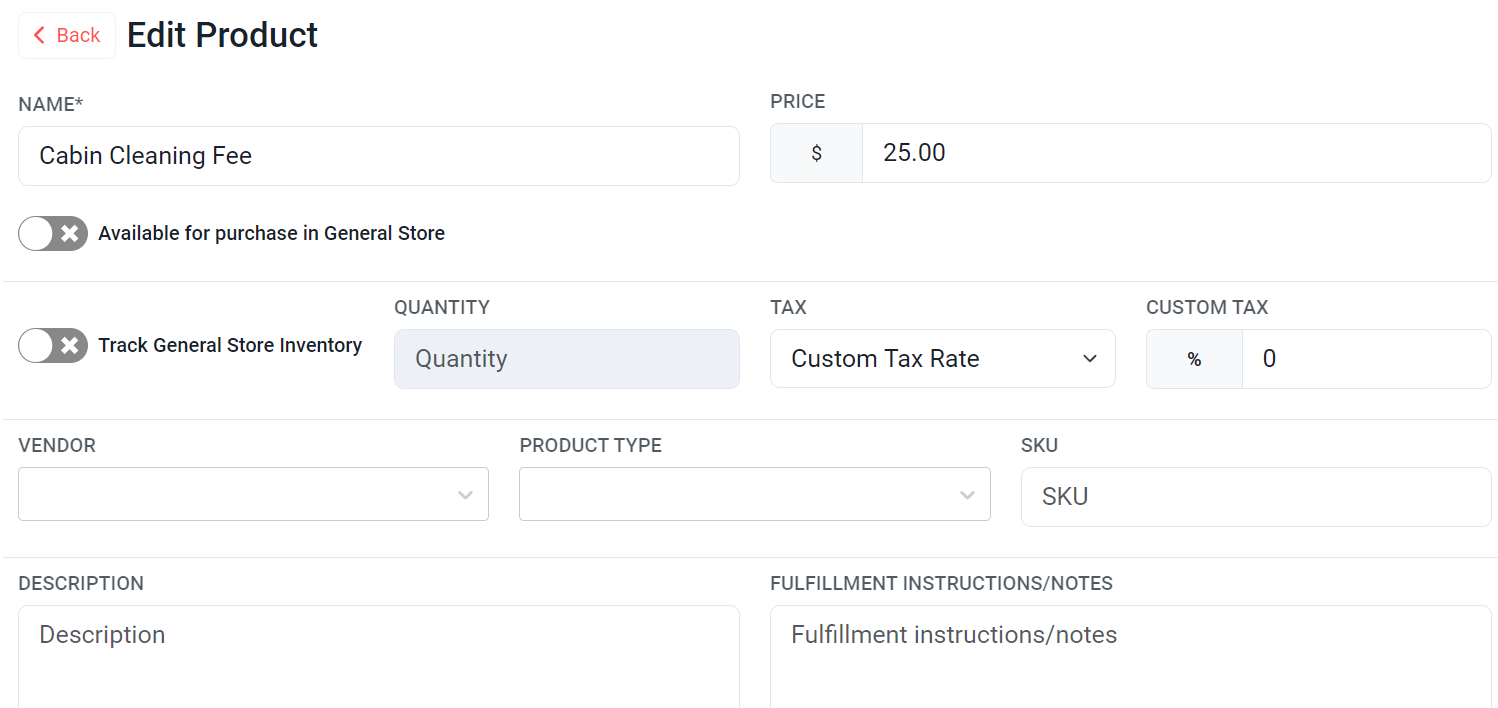 Edit Product screen for a Cabin Cleaning Fee with a set price