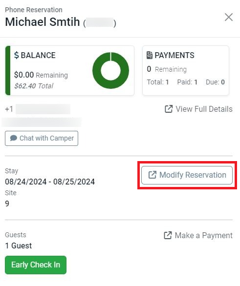 Camper reservation view showing guest info