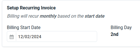 Recurring invoice setup showing billing start date