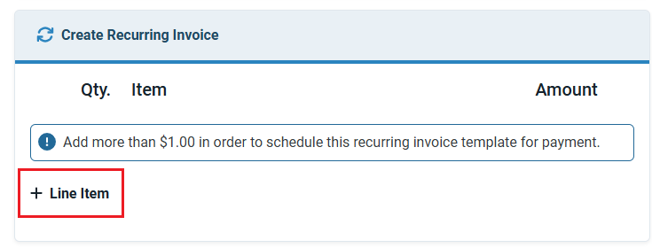 Recurring invoice section prompting user to add a line item