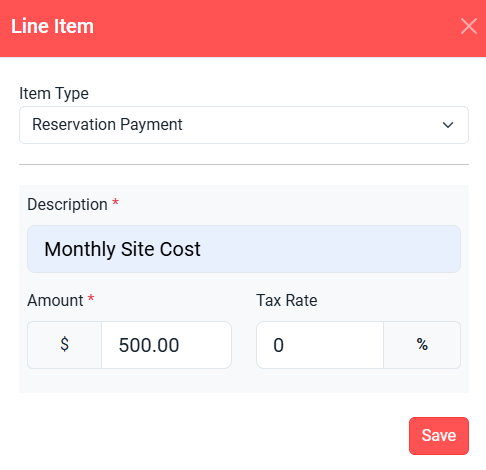 Line item entry for a recurring invoice showing 'Monthly Site Cost'