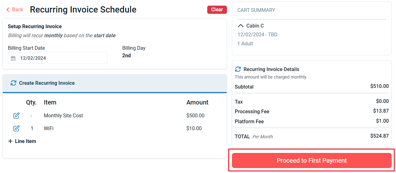Recurring invoice schedule setup showing monthly billing start date