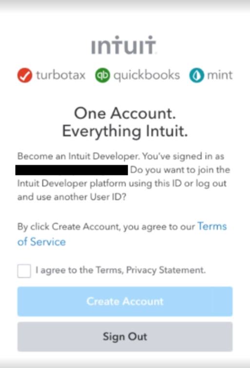 Intuit Developer sign-up screen with account and terms confirmation.