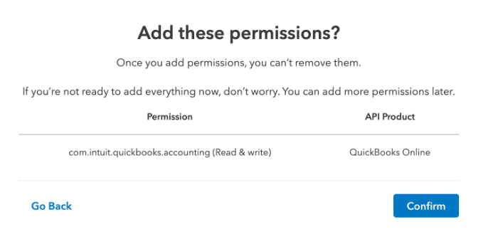 Confirm QuickBooks accounting permission to complete app setup.