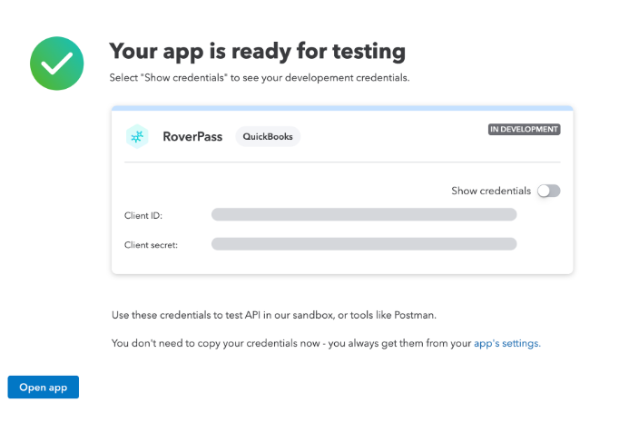 QuickBooks confirmation screen showing app ready for testing