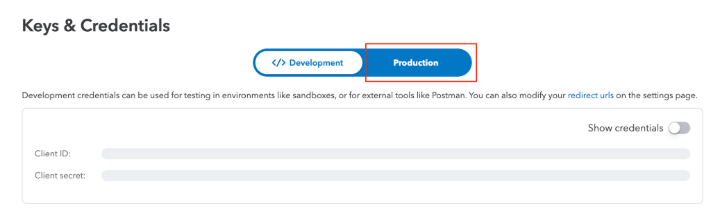 Keys and Credentials section with Production tab selected in QuickBooks.