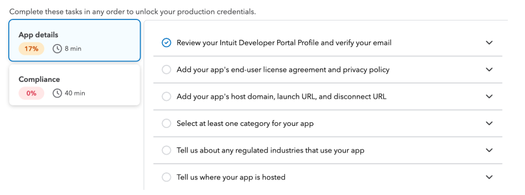 QuickBooks production setup checklist showing app details