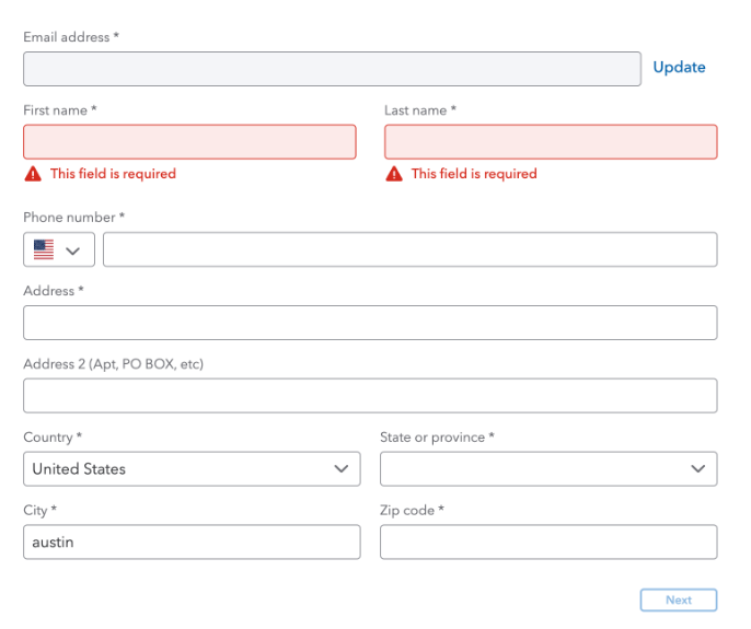 Intuit Developer profile form with required fields for app setup.