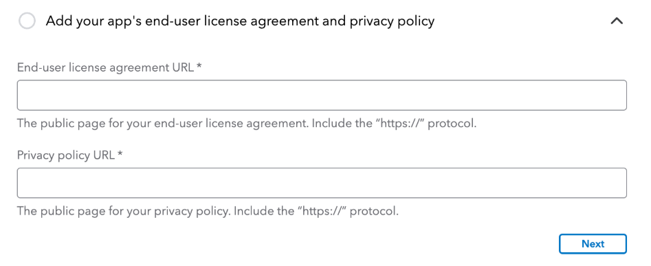 Form fields to add license agreement and privacy policy URLs