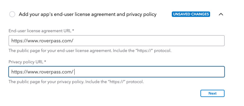 License agreement and privacy policy fields filled with RoverPass URL.