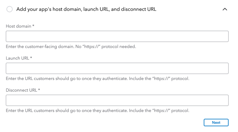 Fields to enter host domain, launch URL, and disconnect URL for app setup.