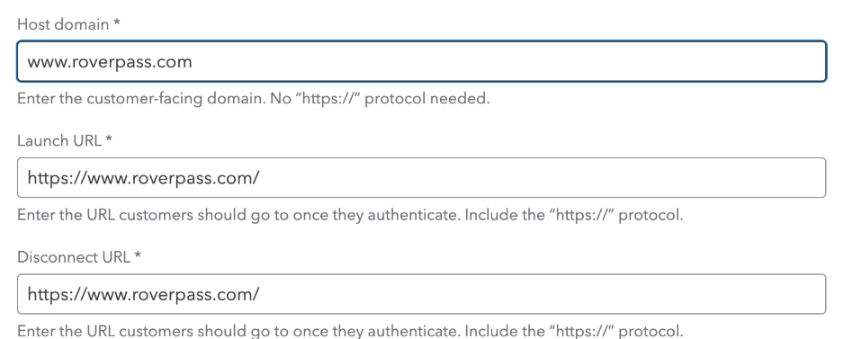 Host domain, launch URL, and disconnect URL filled with RoverPass information.