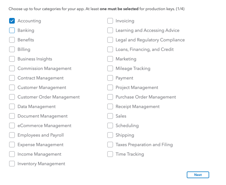 App category selection screen with Accounting checked in QuickBooks setup.