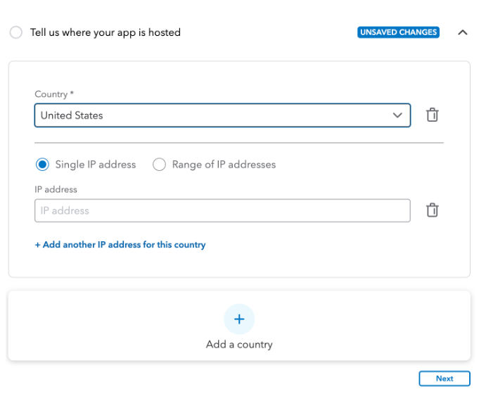 Hosting location selected as United States without IP address.