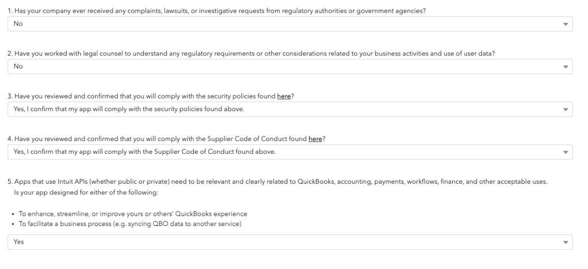 QuickBooks app assessment questionnaire with compliance questions answered.