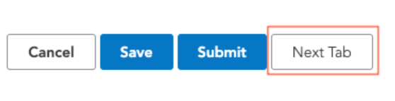 Form navigation buttons showing Cancel, Save, Submit, and Next Tab.