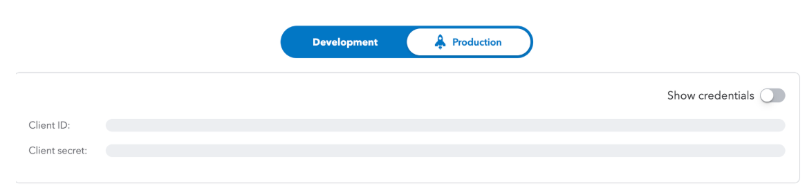 Production credentials view showing hidden Client ID