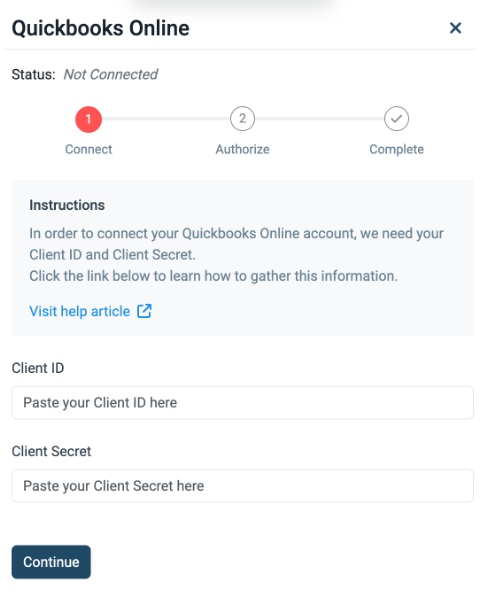 QuickBooks Online connection form requesting Client ID