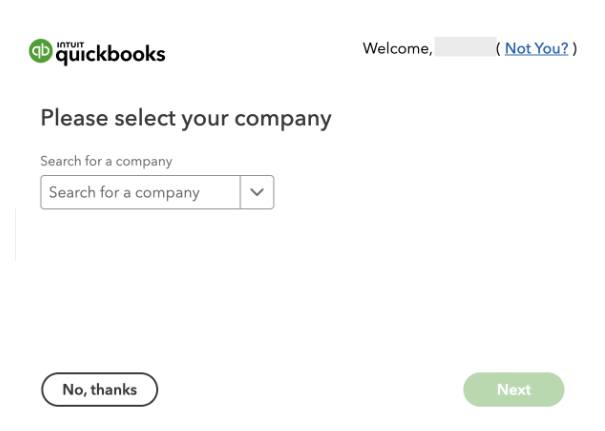 QuickBooks prompt asking user to select their company before proceeding.