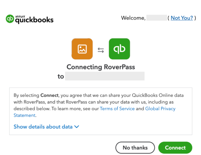 QuickBooks authorization screen of a connection request from RoverPass