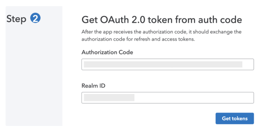 Enter auth code and Realm ID to get tokens.