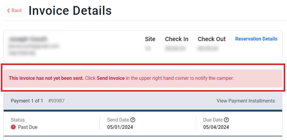 Invoice details with warning message indicating the invoice has not been sent and is past due.