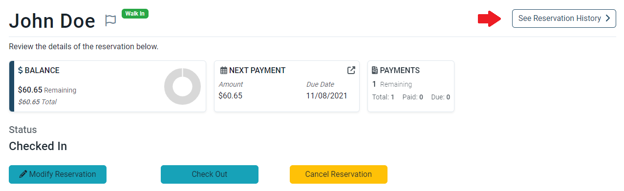 Example of a reservation history dashboard, including all information of a guest.