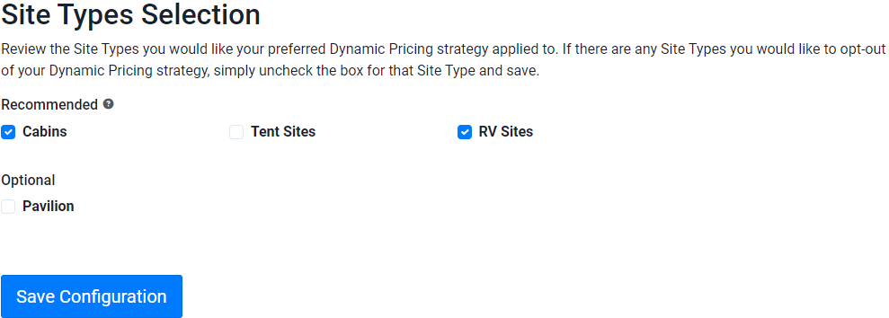 Select site types like Cabins or RV Sites to apply Dynamic Pricing before saving settings.