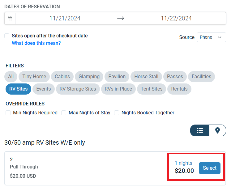 RoverPass Reservation Builder Dashboard with filters