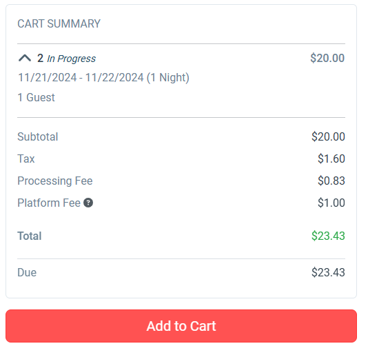 Cart summary with an example of 1 night 1 guest
