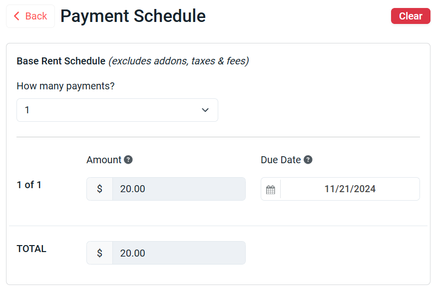 Payment Schedule platform showing the options of number of payments, due dates y total