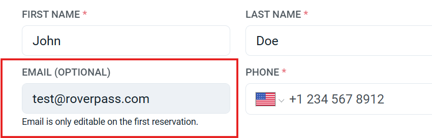 Guest information formshowing email field locked for additional reservations.