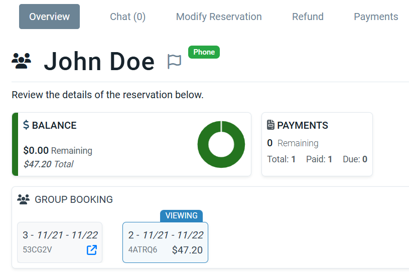 Reservation overview showing group booking details, total balance, and payment status in RoverPass.